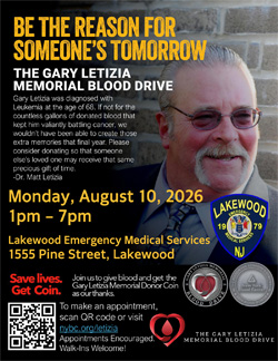 Gary Letizia Memorial Blood Drive to take place on Monday, August 10, at Lakewood Emergency Medical Services